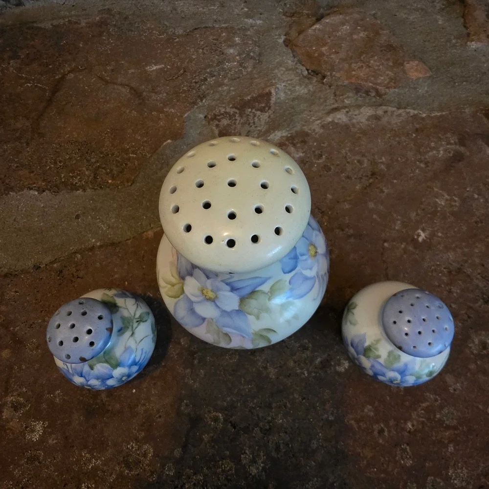 Vintage Hand Painted Japan Porcelain Sugar, Salt, Pepper Shakers Blue Floral
